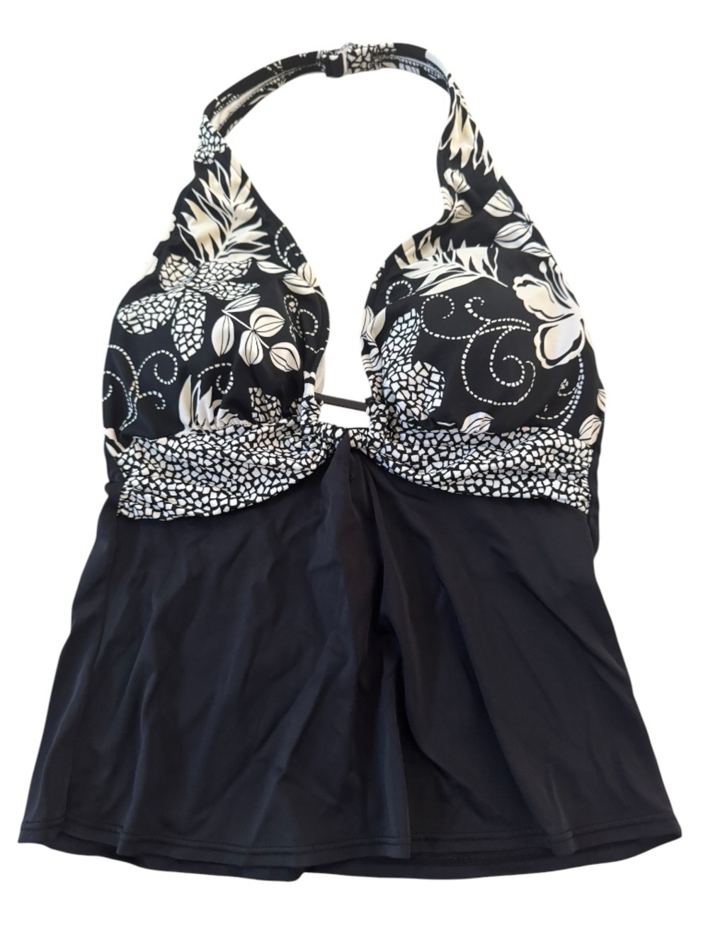 Caribbean Joe Halter Black and White Floral Tankini Top Size 16